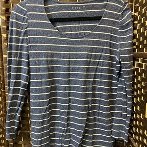 LOFT Navy and White Striped Long-Sleeve Scoop Neck Top